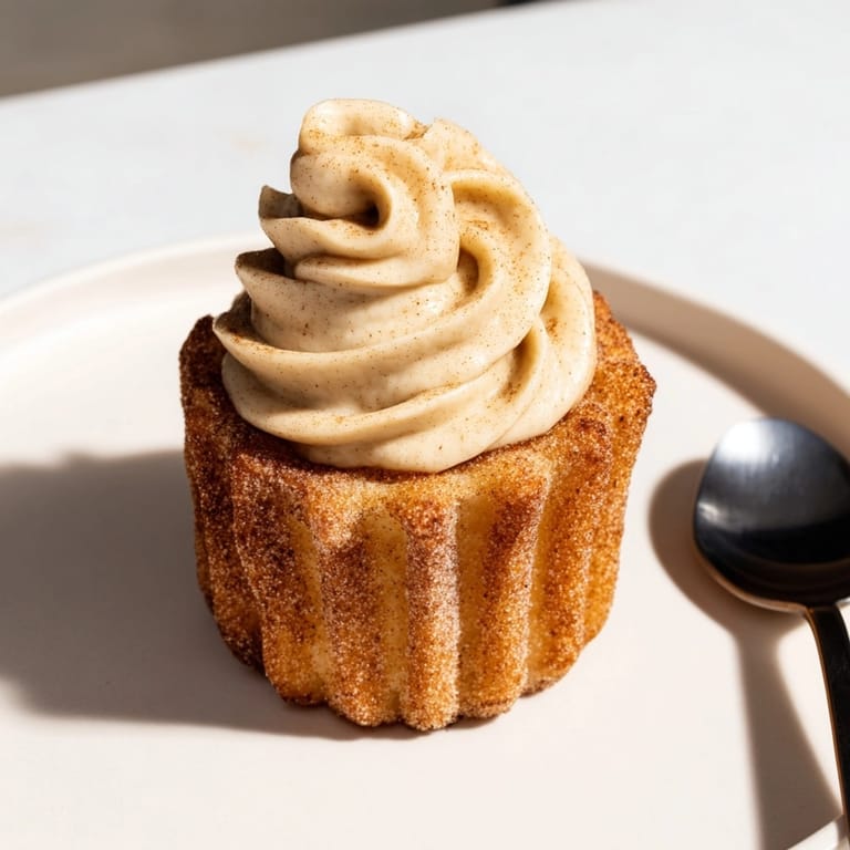 De cerca, remolinos de relleno de tarta de queso en cremosas Tazas de tarta de queso con sabor a churro y canela.