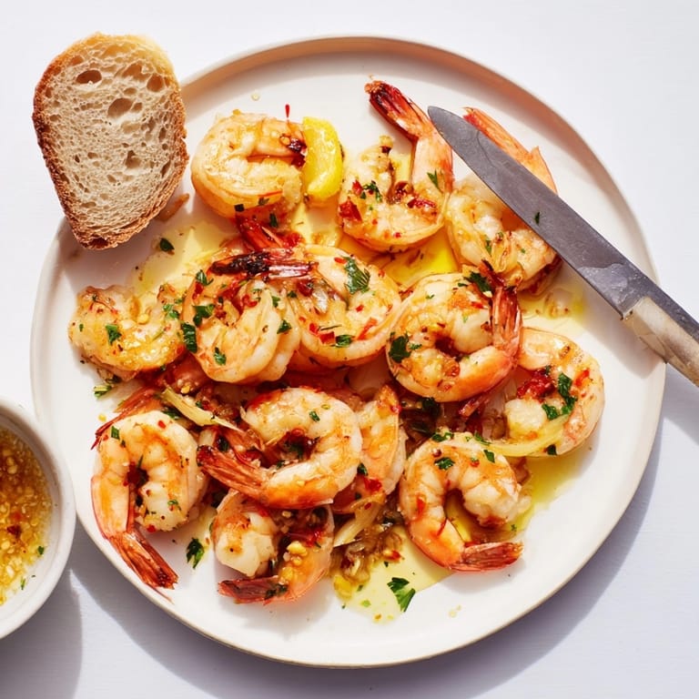 Receta de sartén de camarones al ajillo: camarones dorados, guindilla vibrante, servido caliente con pan rústico.