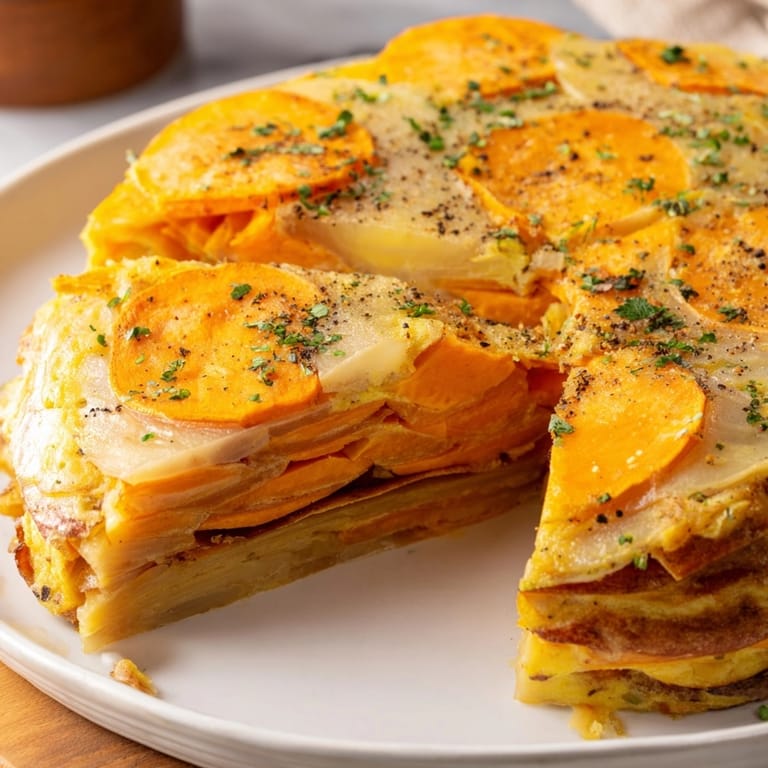 Deliciosa Sweet Potato Tortilla Española recién hecha, lista para servir como tapa o comida ligera.