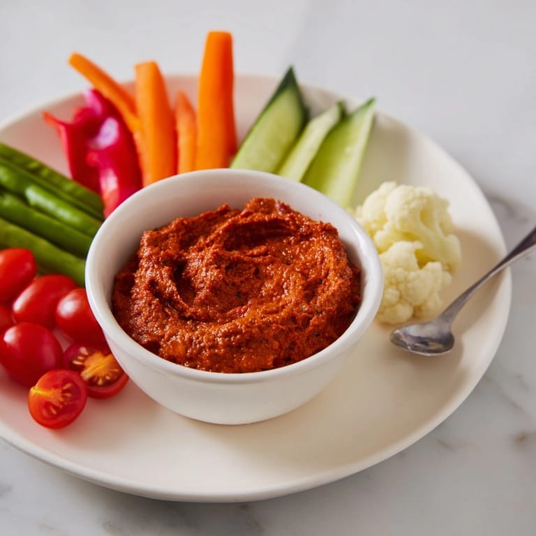 El rico dip Romesco español y la textura de las verduras frescas hacen la merienda perfecta.