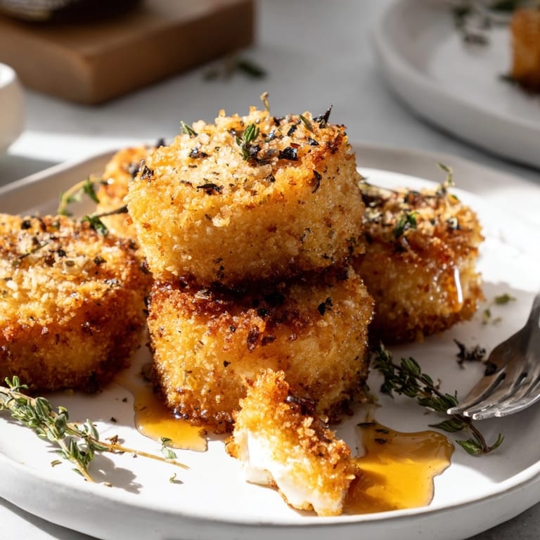 Crujientes tapas de queso de cabra tibio servidas sobre una tabla, listas para disfrutarse.