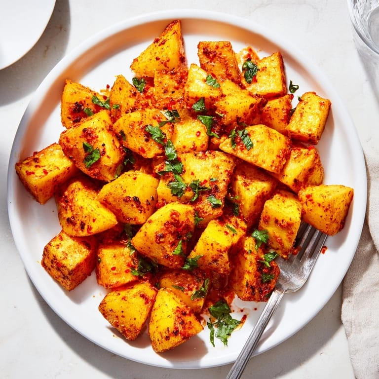 Deliciosas patatas bravas con hierbas, asadas a la perfección y cubiertas con hierbas frescas.