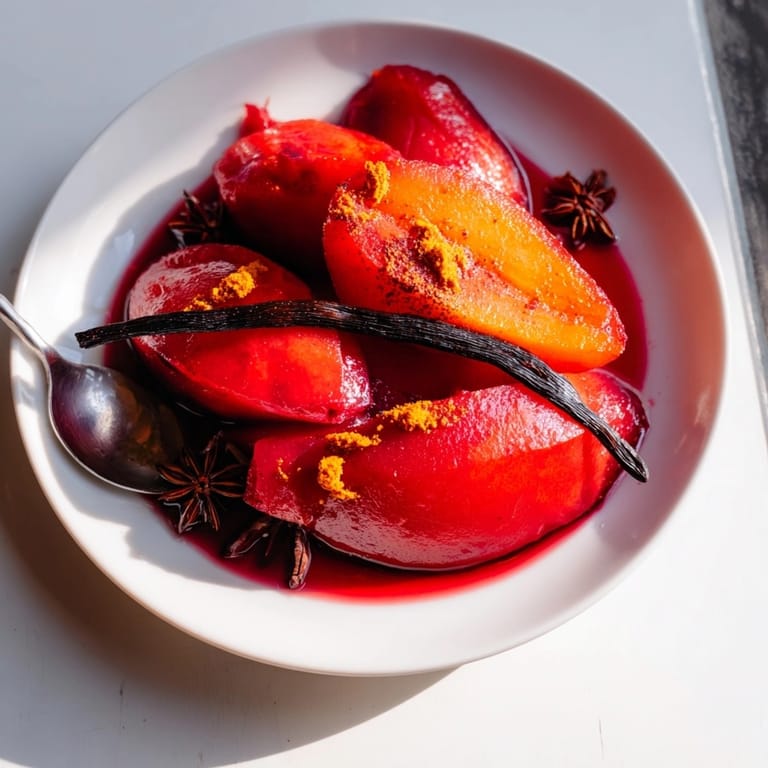 Vino tinto con quince pochado: un manjar aromático y especiado para una dulce indulgencia.