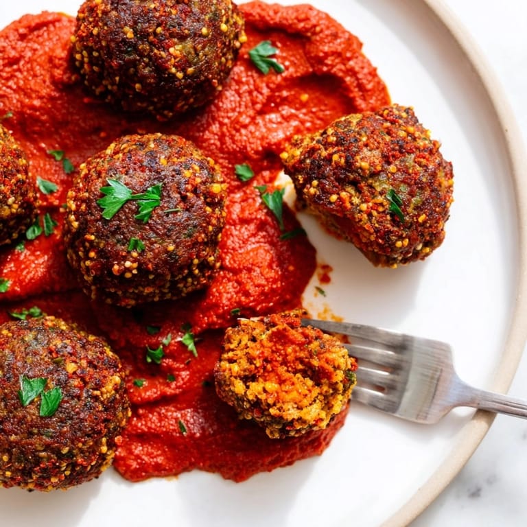Saborea albóndigas de garbanzos y zanahoria en romesco, guisadas lentamente hasta la perfección.