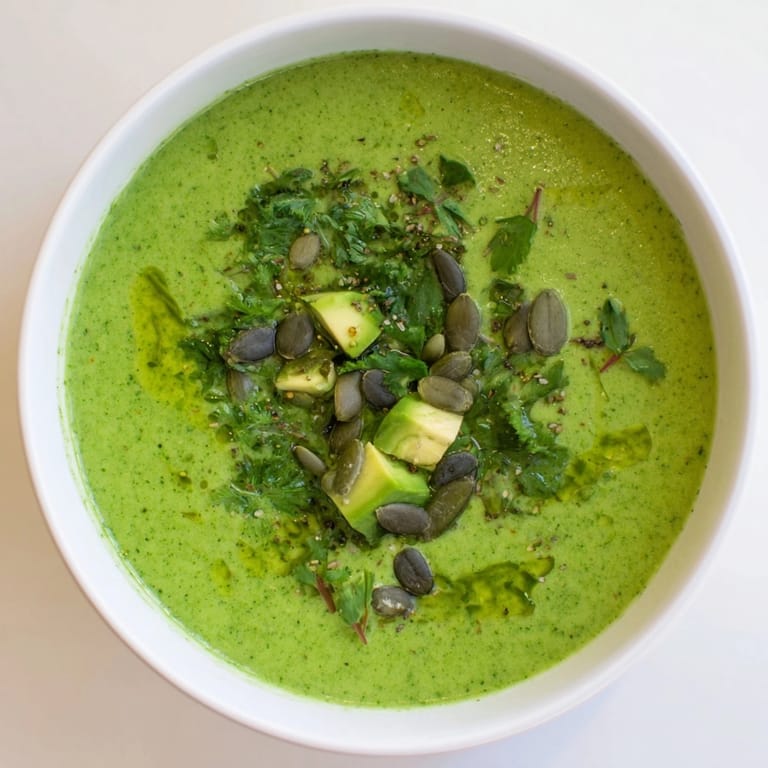 Refrescante Gazpacho Verde, una reconfortante sopa fría de pepino y aguacate lista para servir.
