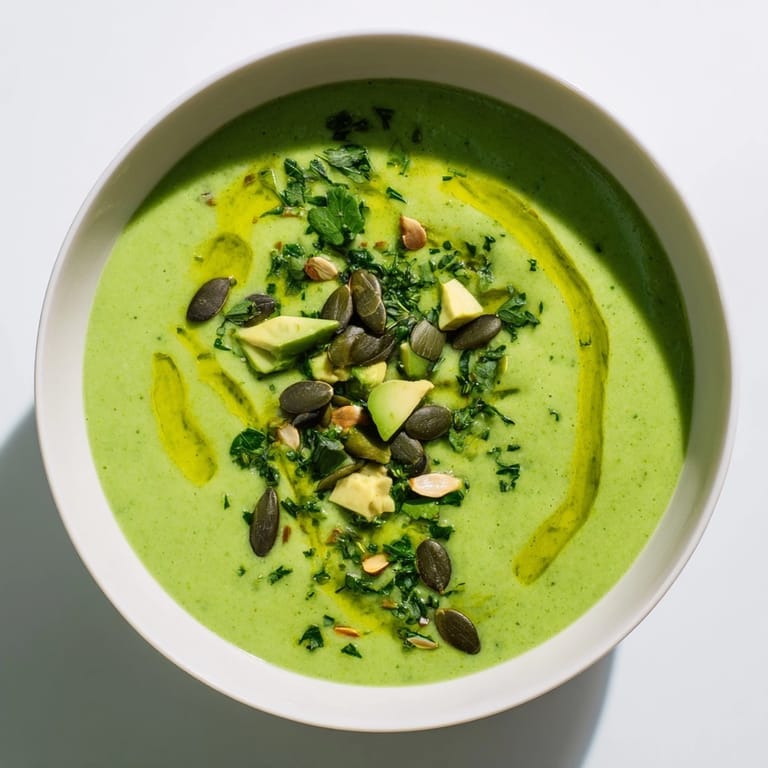 Mira este Gazpacho Verde, una brillante sopa española, adornada con hierbas frescas y aguacate.