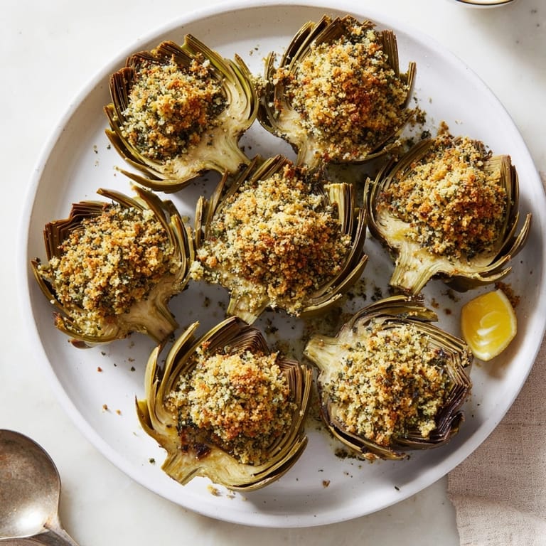 Delicados corazones de alcachofas asadas, cubiertos con crujiente pan rallado con hierbas, listos para picar.