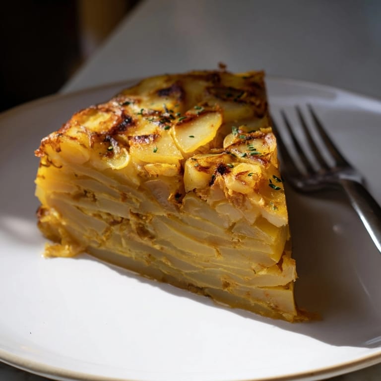 Tortilla Española Vegana de aspecto dorado con patatas suaves y cebolla dulce caramelizada.