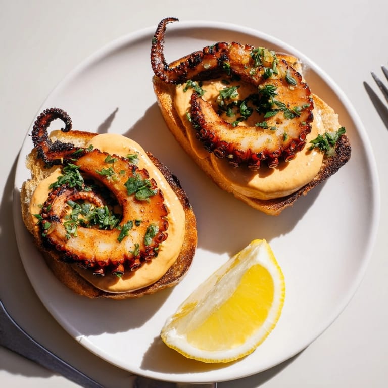Disfruta de Pintxos de Pulpo a la Parrilla: un aperitivo español con tentáculos a la parrilla y rica salsa alioli.