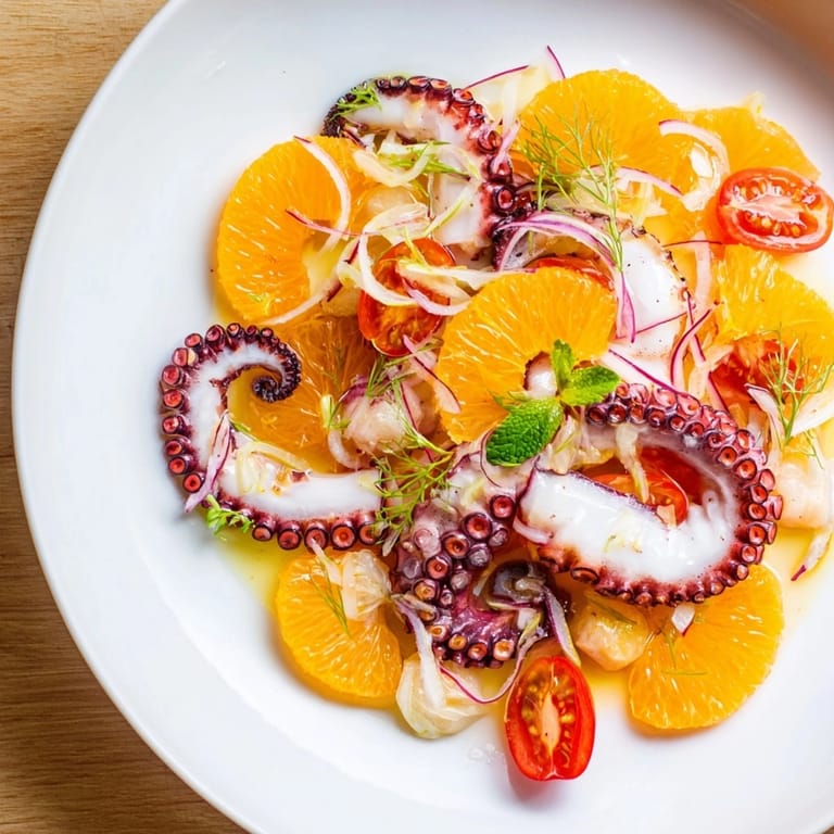 Primer plano de una refrescante ensalada mediterránea de pulpo y naranja con hierbas frescas.