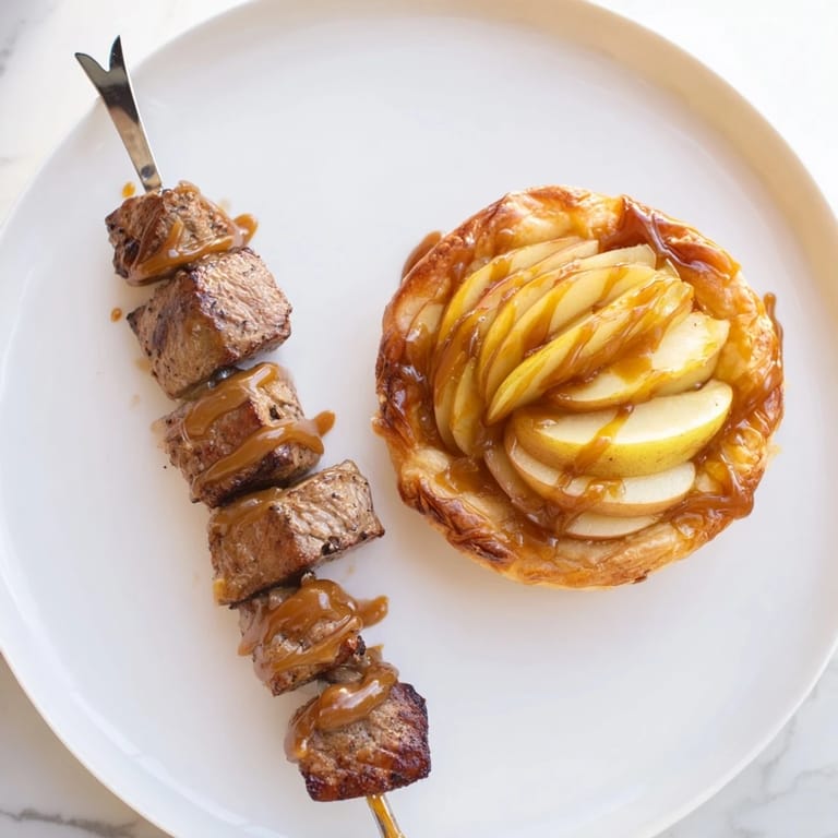 Golden puff pastry apple tartlets nestled beside savory lamb skewers for delightful bites.