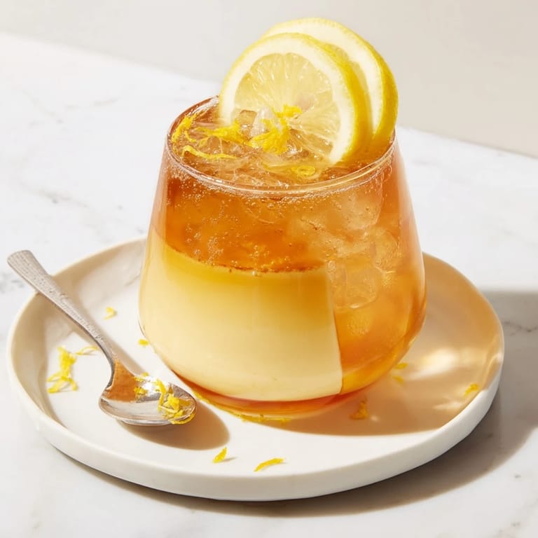 Refreshing Sparkling Lemon Flan Rebel Float in a glass, bubbly and inviting.  