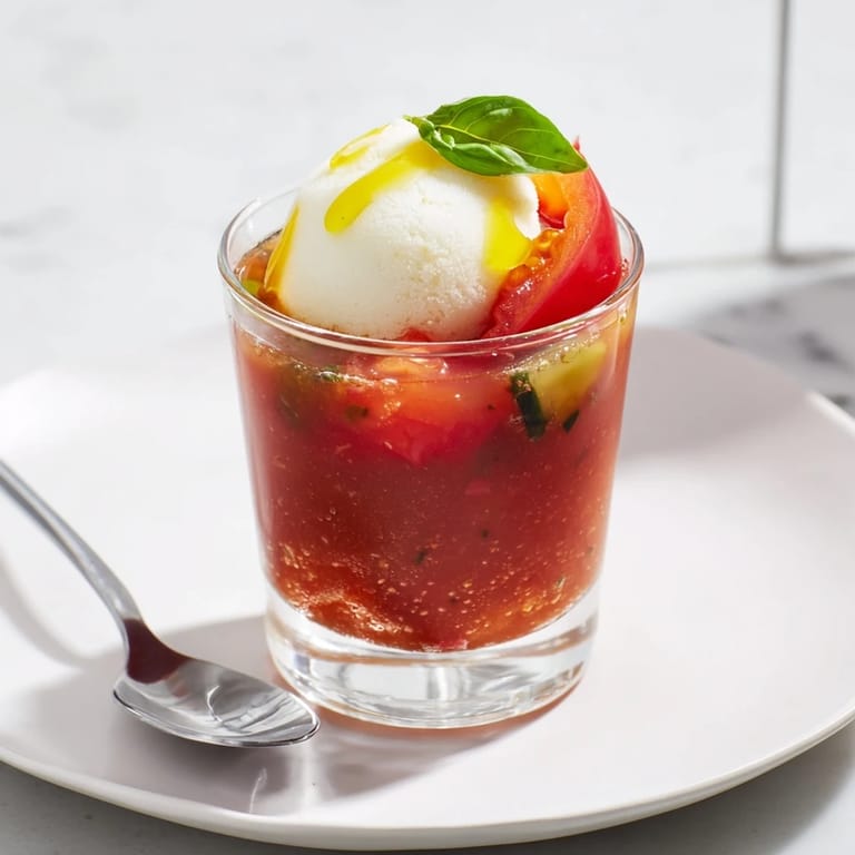 Vibrant gazpacho served in shot glasses, featuring a fizzy soda float.  