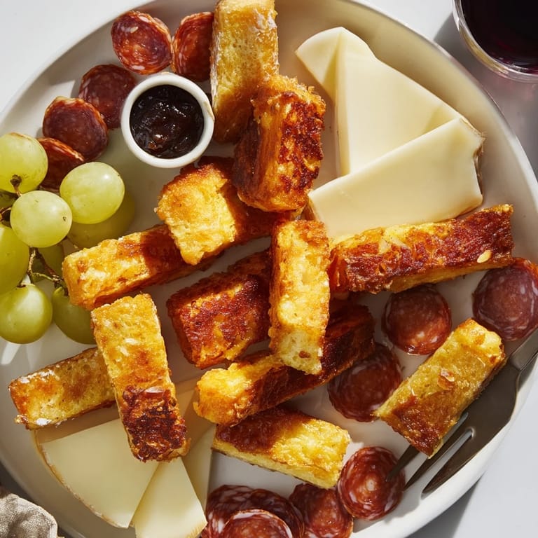 Plato vibrante de dippers de torrija de almendras con chorizo y miel.