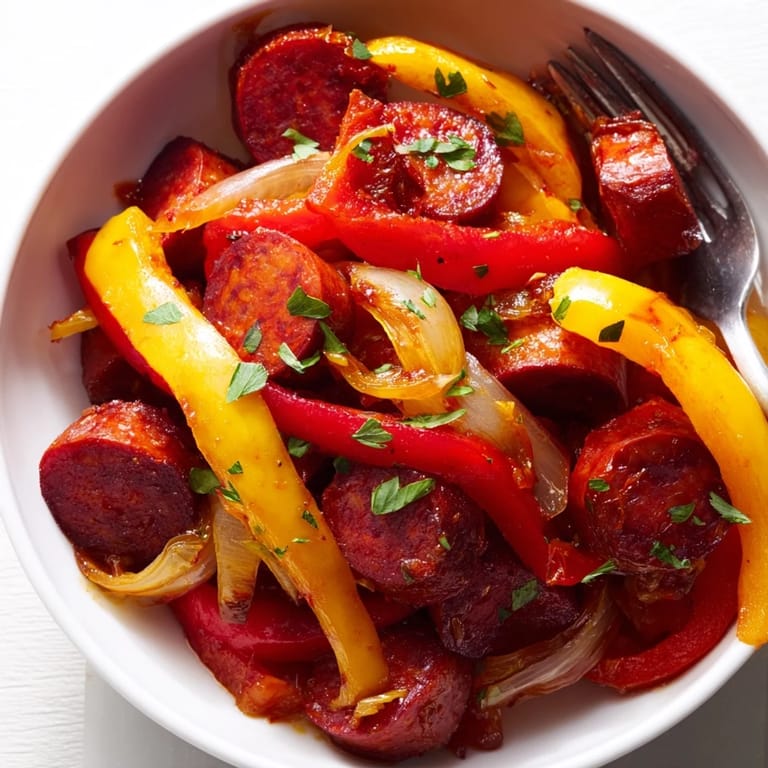 Vibrantes tapas de chorizo acompañadas de pimientos dulces y reducción burbujeante.