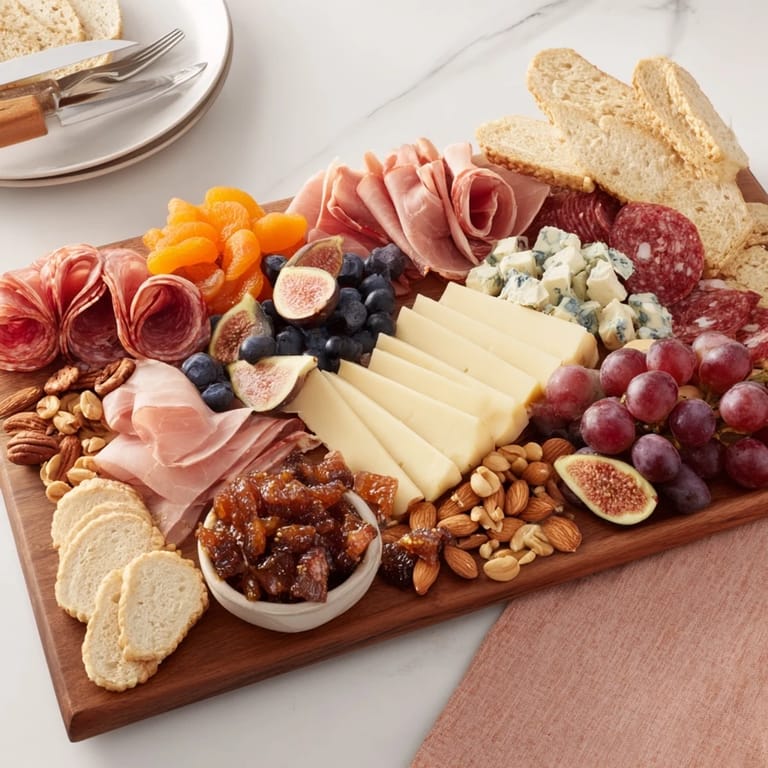 Mezcla colorida de quesos, carnes y un fudge de soda de higo, ideal para fiestas.  