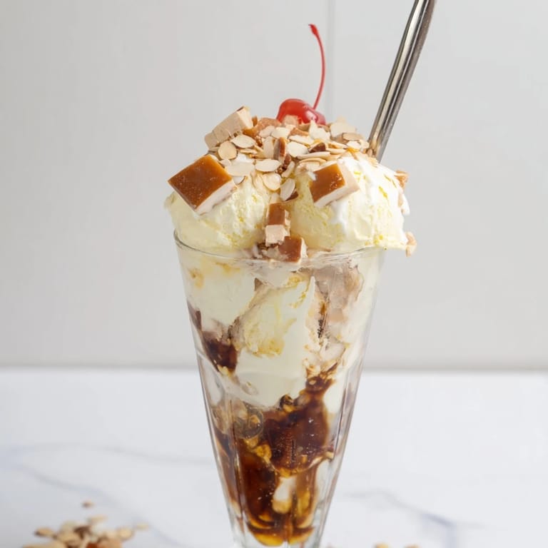 Delicioso sundae de turrón Rebel Float con chocolate y almendras crujientes.  