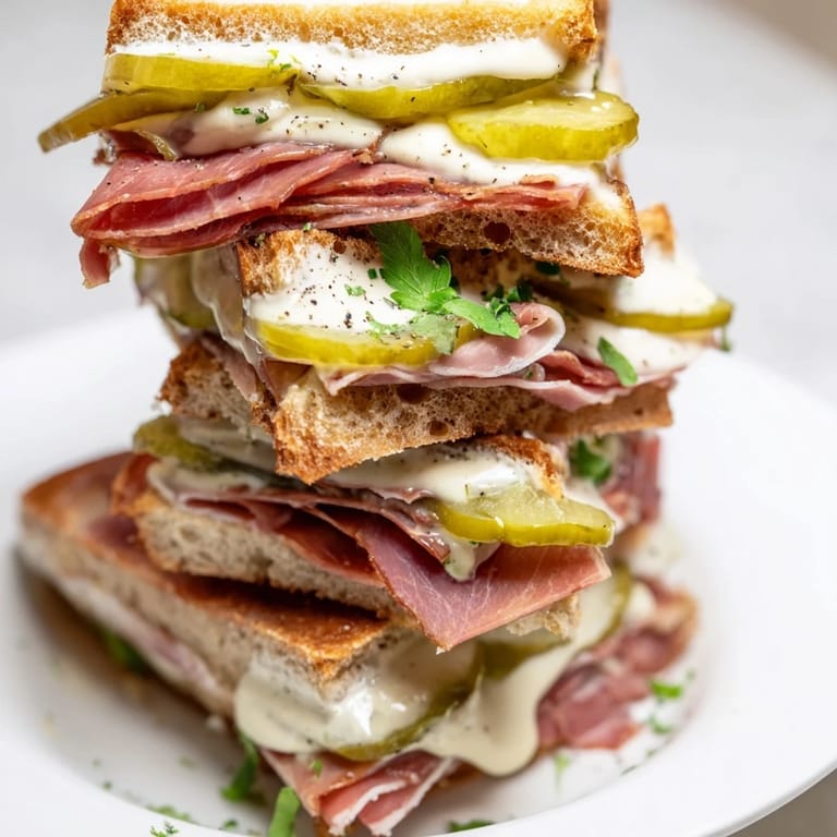 Deliciosos dedos de bocadillo con jamón, encurtidos y aioli cremoso.  
