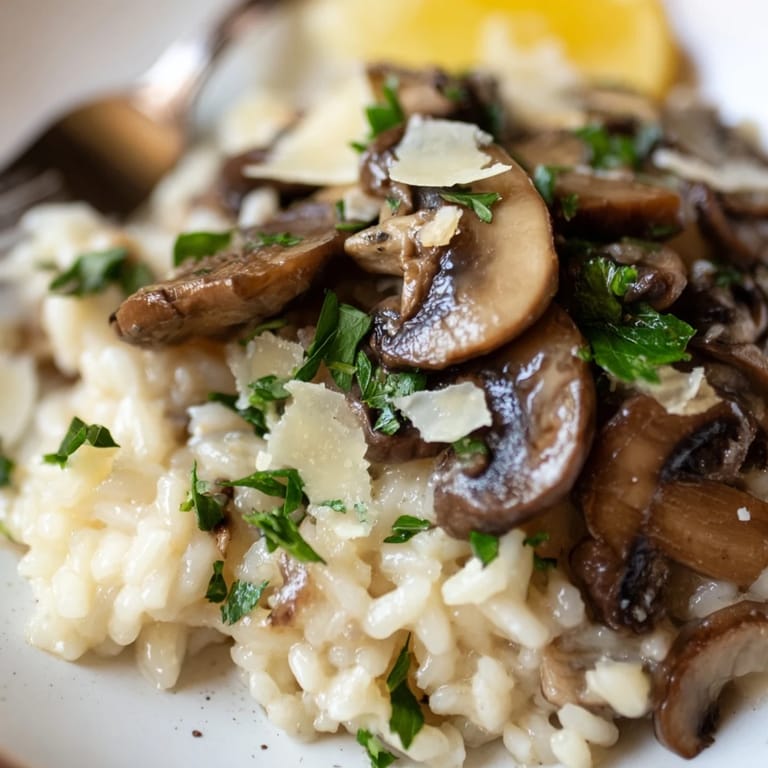 Arroz cremoso con champiñones salteados, ideal para compartir en una cena.  