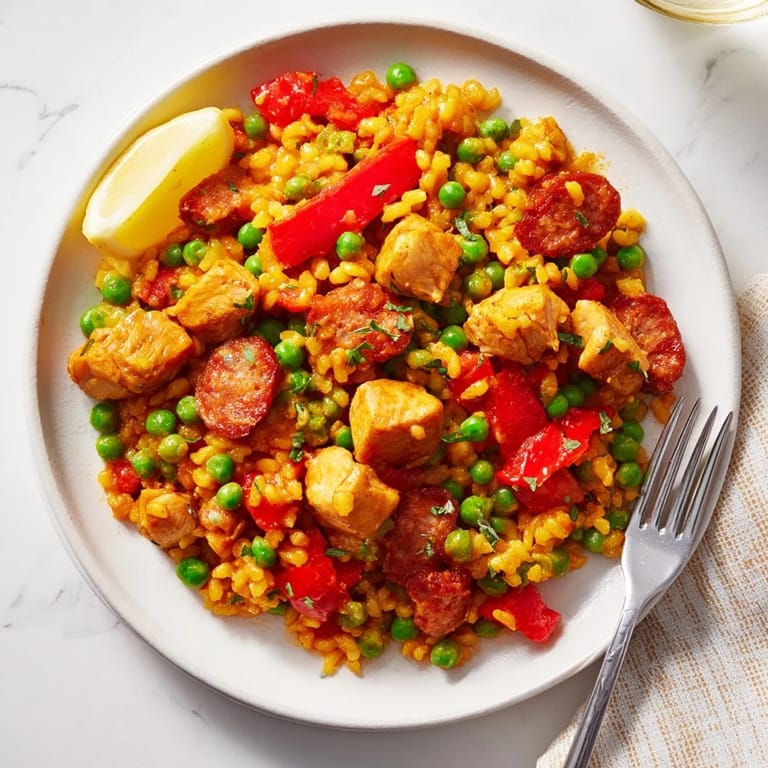 Colores vibrantes en esta paella de pollo y chorizo, perfecta para una cena familiar.