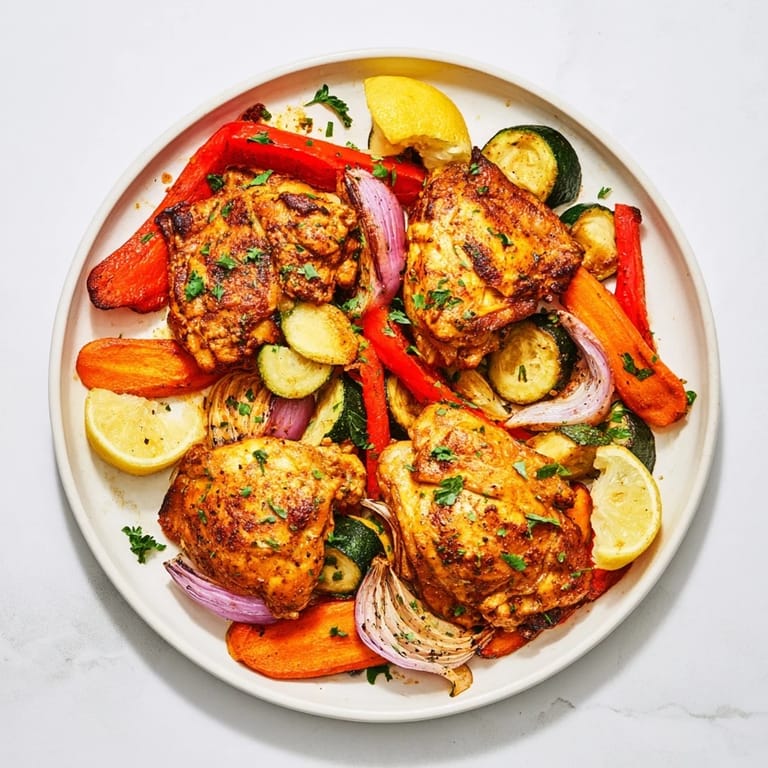 Vibrante Saffron Chicken & Vegetable Sheet Pan, perfecto para cenas rápidas y sabrosas.