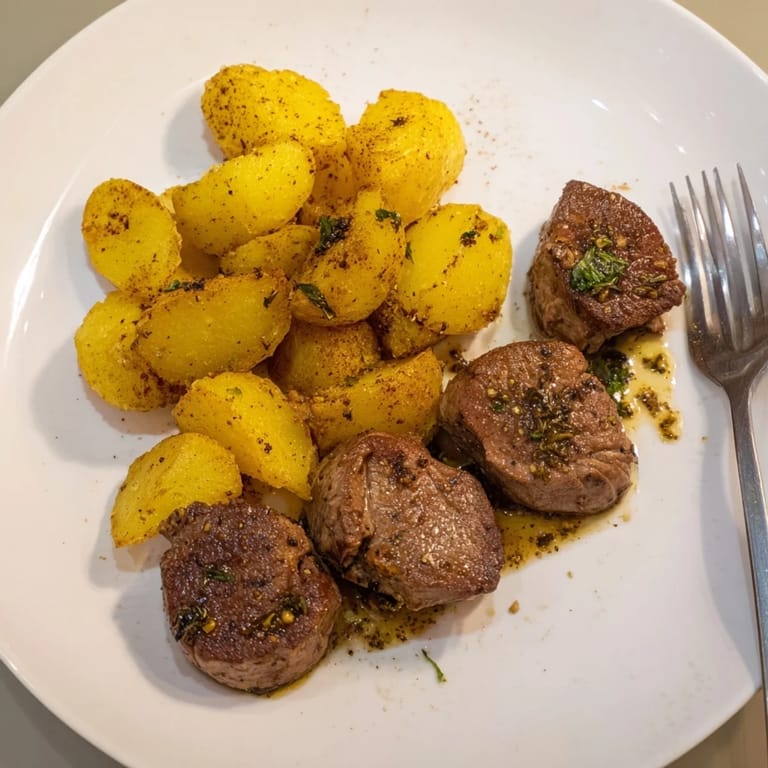 Deliciosos medallones de cerdo marinados junto a papas fritas con sabor a ajo.