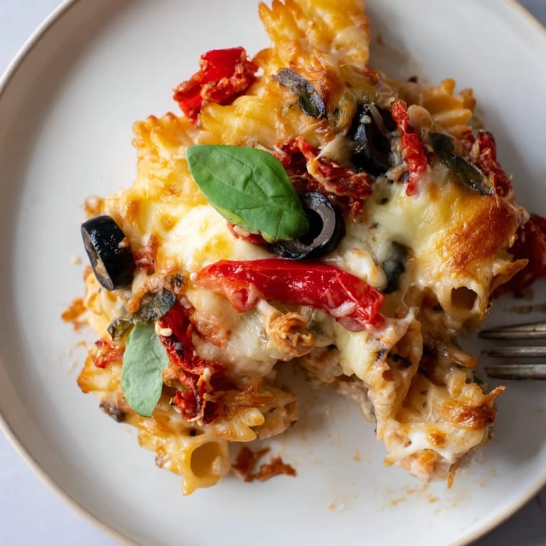 Atractivo plato de pasta al horno con aceitunas, tomates secos y queso fundido. 