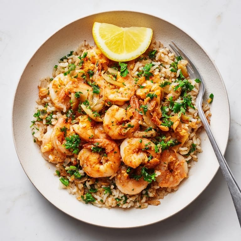 Erizo de tazón de arroz con camarones al ajo y hierbas frescas.  