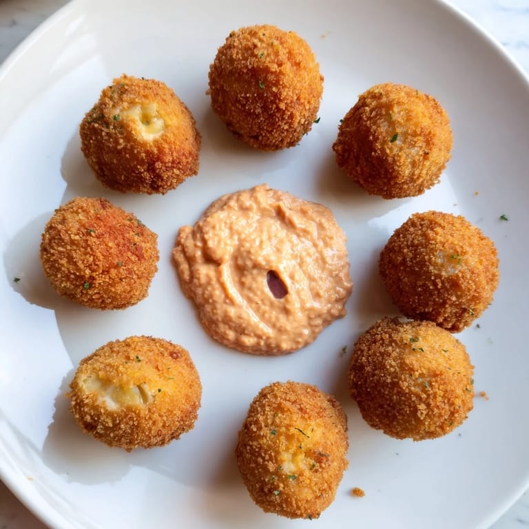 Deliciosas croquetas de jamón, servidas calientes con un dip cremoso y picante.  