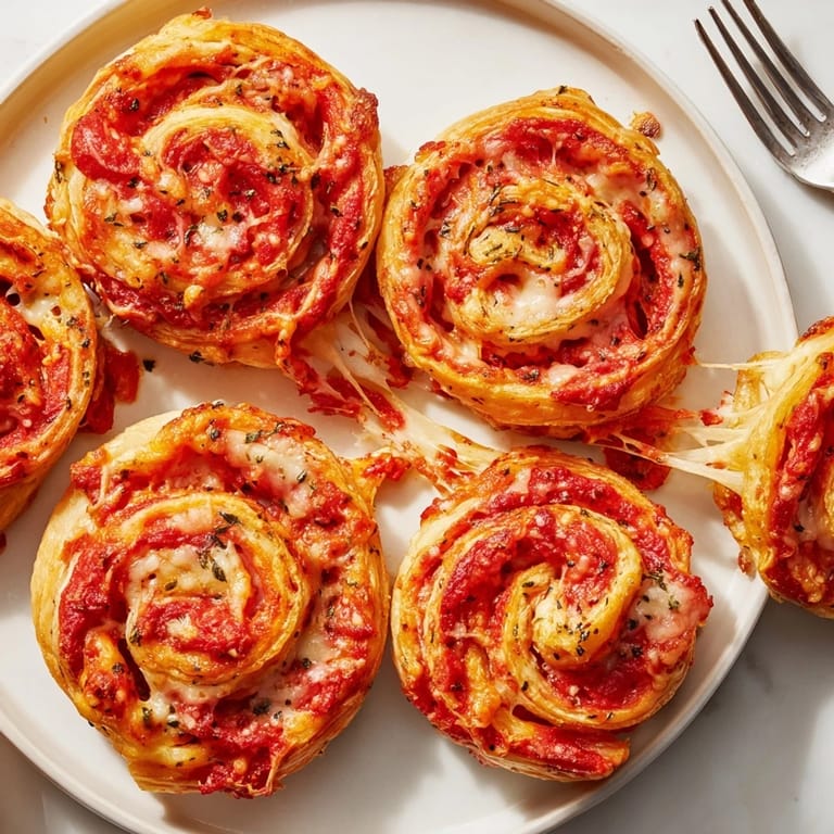 Deliciosos rollos de pizza de pimiento rojo asado, llenos de queso y hierbas.  