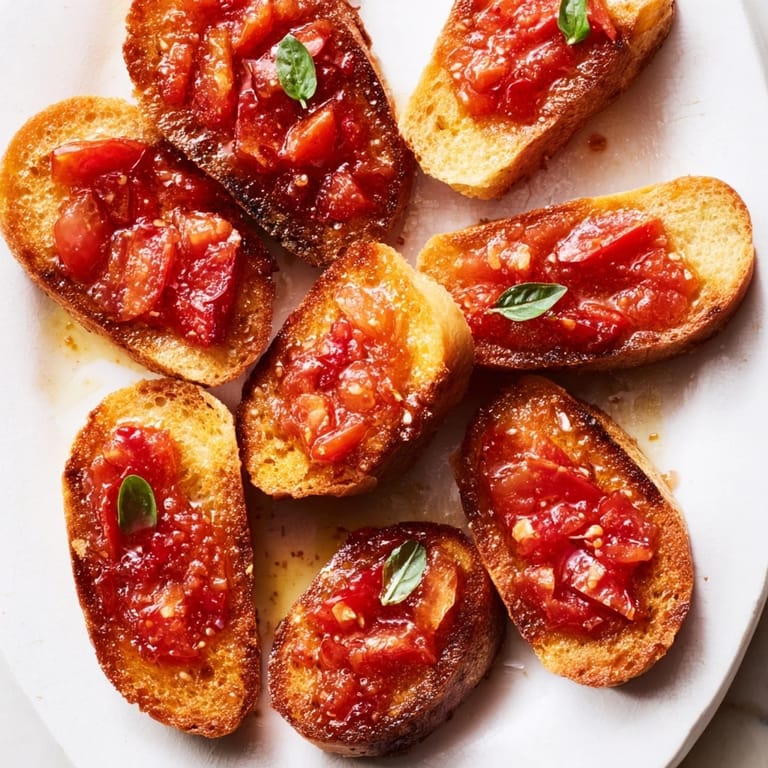 Rebanadas de pan doradas, untadas con mermelada de tomate y albahaca fresca.