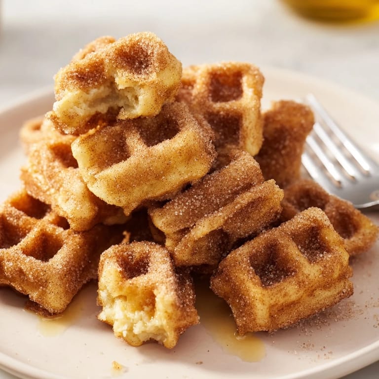 Recién horneados, los deliciosos churro waffle bites brillan con azúcar y canela.  