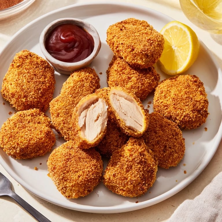 Crujientes nuggets de pollo ahumados, perfectos para compartir con salsas.  