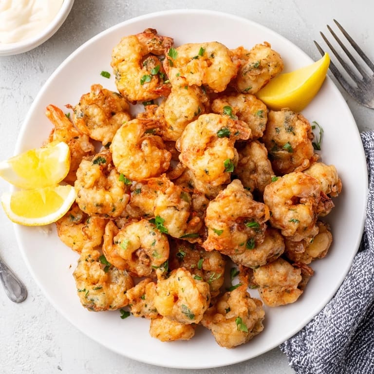 Cálidas frituras de camarones bebés servidas con rodajas de limón y salsa tártara.