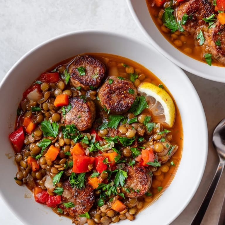 Reconfortante sopa de lentejas españolas, llena de sabor y especias intensas.
