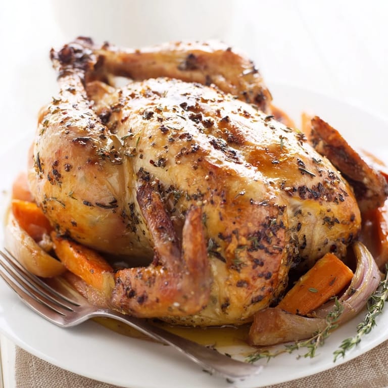 Suave pollo asado con especias españolas, acompañado de verduras asadas coloridas.