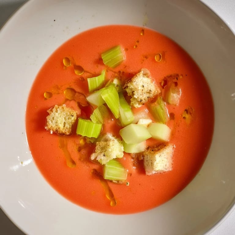 Gazpacho español refrescante servido en un cuenco, ideal para un día caluroso.