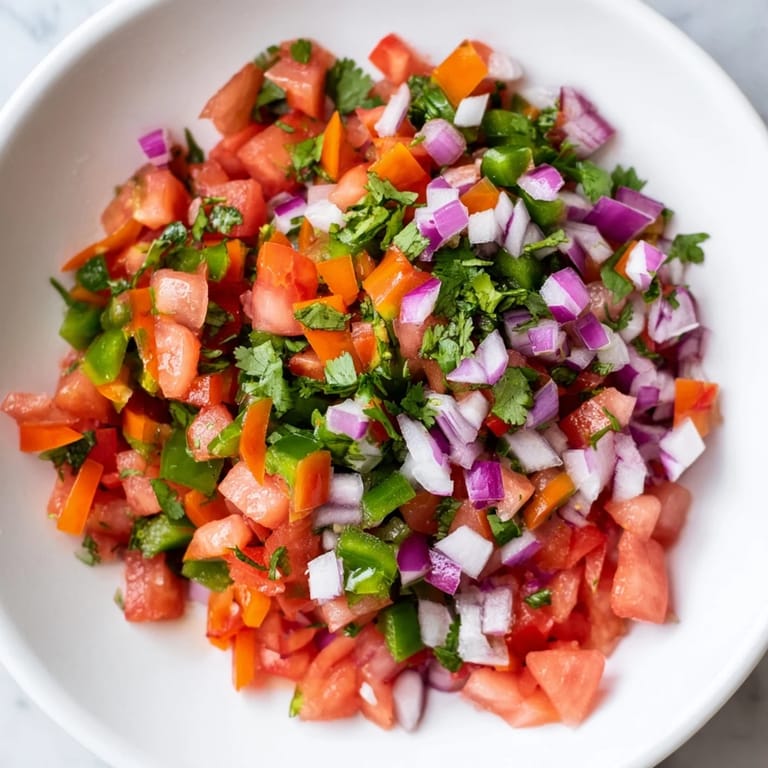 Freshly made Pico de Gallo, a colorful Mexican salsa, served with a garnish of cilantro.
