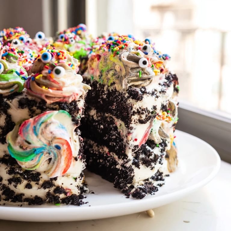 Close-up of celebratory Chaotic Rat Cake, a delightfully messy dessert, ready to be enjoyed.
