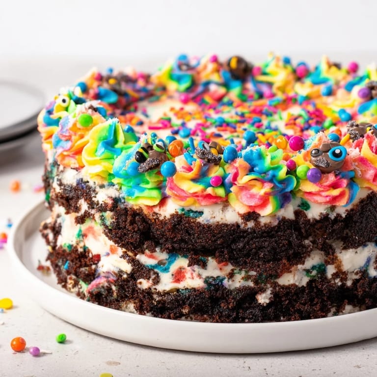 Moist chocolate layers peek from underneath the vividly chaotic frosting on this Rat Cake.