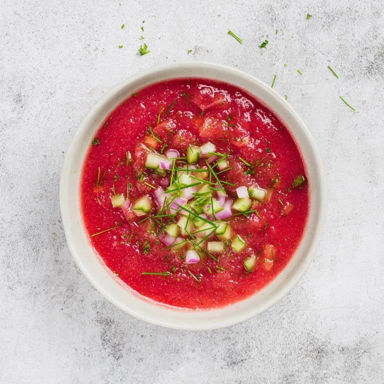 Vibrant Cherry & Beet Gazpacho Rocó, chilled and garnished with fresh cherries and herbs.