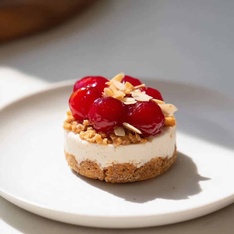 Close-up of a layered no-bake nougat and cherry mini cheesecake with biscuit base visible.