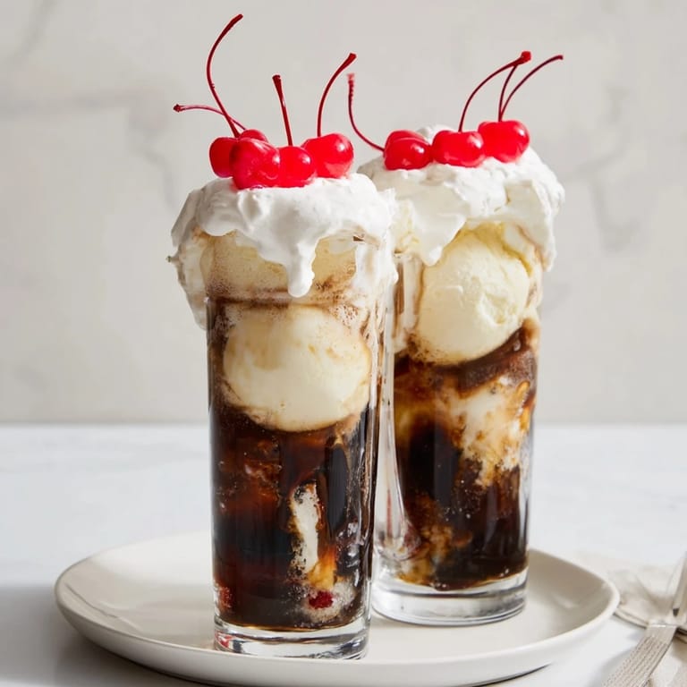 Creamy vanilla ice cream floats bubbling with cola, a classic American homemade treat.