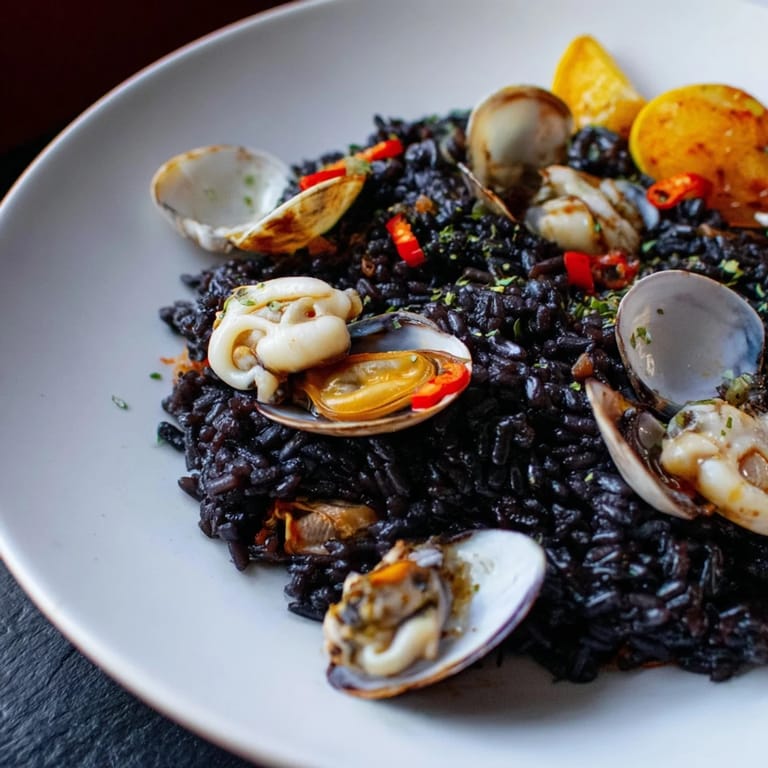 This modern Paella Negra presents a delicious, dark rice dish with tender seafood and herbs.