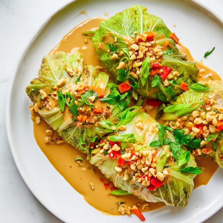 Steaming savoy cabbage rolls served with rich Thai peanut sauce and chopped peanuts, ready to eat.