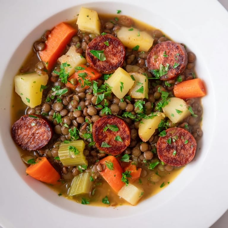 Steaming bowl of Instant Pot German Lentil Stew with chorizo, ready to be served hot.