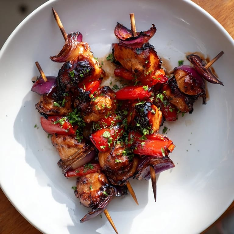 Grilled Glühwein-Marinated Chicken Skewers with colorful bell peppers and red onion, ready for serving with parsley.