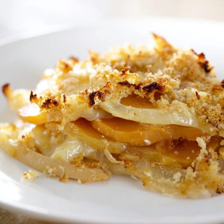 A close-up of a bubbling Pumpkin or Sweet Potato Gratin, showcasing layers and melted cheese.