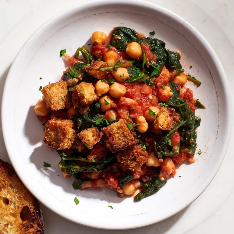 A close-up of Espinacas con Garbanzos, showcasing the rich tomato sauce and the hearty chickpeas, ready to eat.