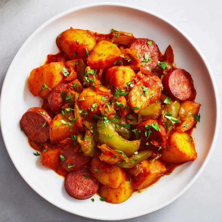 Close-up of Patatas a la Riojana, with chunks of potato and spicy chorizo in a rich sauce.